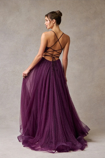 Elegant A-Line V-Neck Spaghetti Strap Tulle Long Beaded Slit Prom Dress