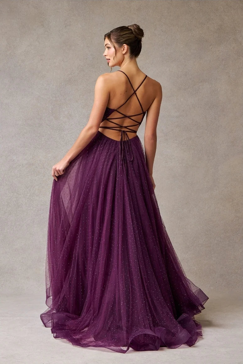 Elegant A-Line V-Neck Spaghetti Strap Tulle Long Beaded Slit Prom Dress