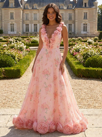Vedress pink floral 3D rose v‑neck floor‑length a‑line wedding gown