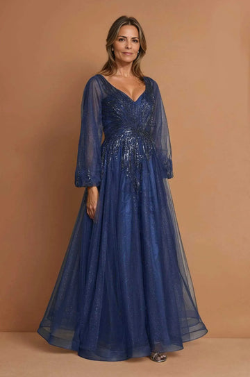 Elegant A Line V Neck Tulle Long Sleeve Mother of the Bride Dress Sequin Evening Gown