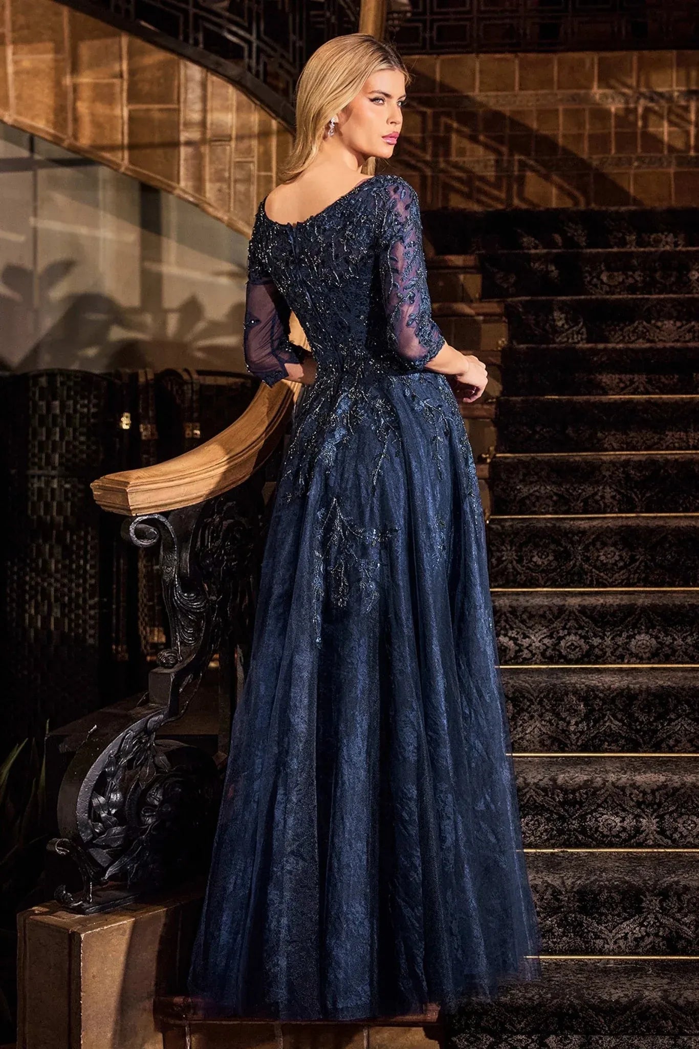 Elegant A-line Boat-neck Three-quarter-sleeve Lace Tulle Floor-length Beaded Evening Gown