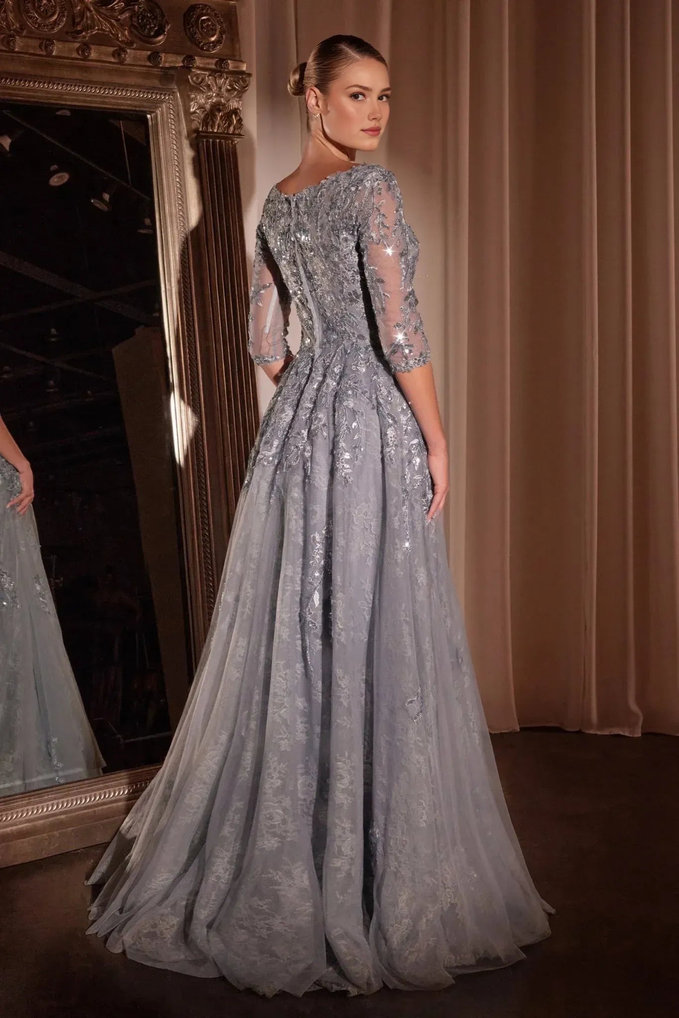 Elegant A-line Boat-neck Three-quarter-sleeve Lace Tulle Floor-length Beaded Evening Gown