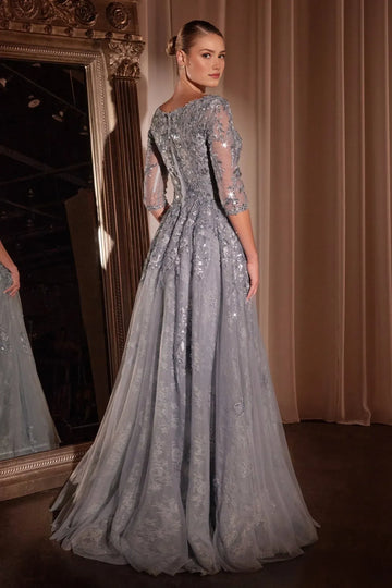 Elegant A-line Boat-neck Three-quarter-sleeve Lace Tulle Floor-length Beaded Evening Gown