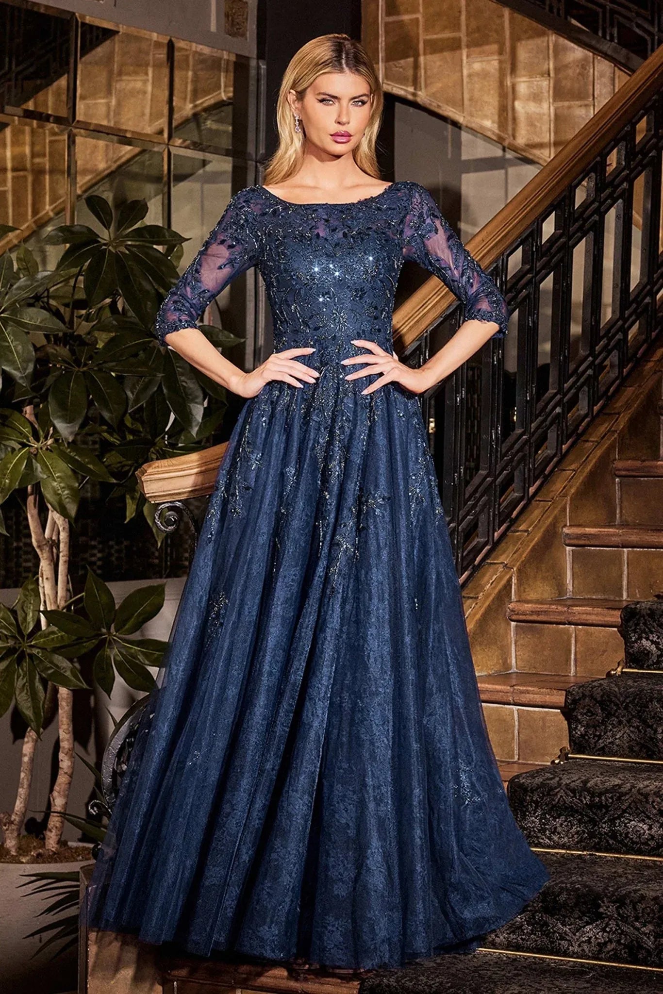 Elegant A-line Boat-neck Three-quarter-sleeve Lace Tulle Floor-length Beaded Evening Gown