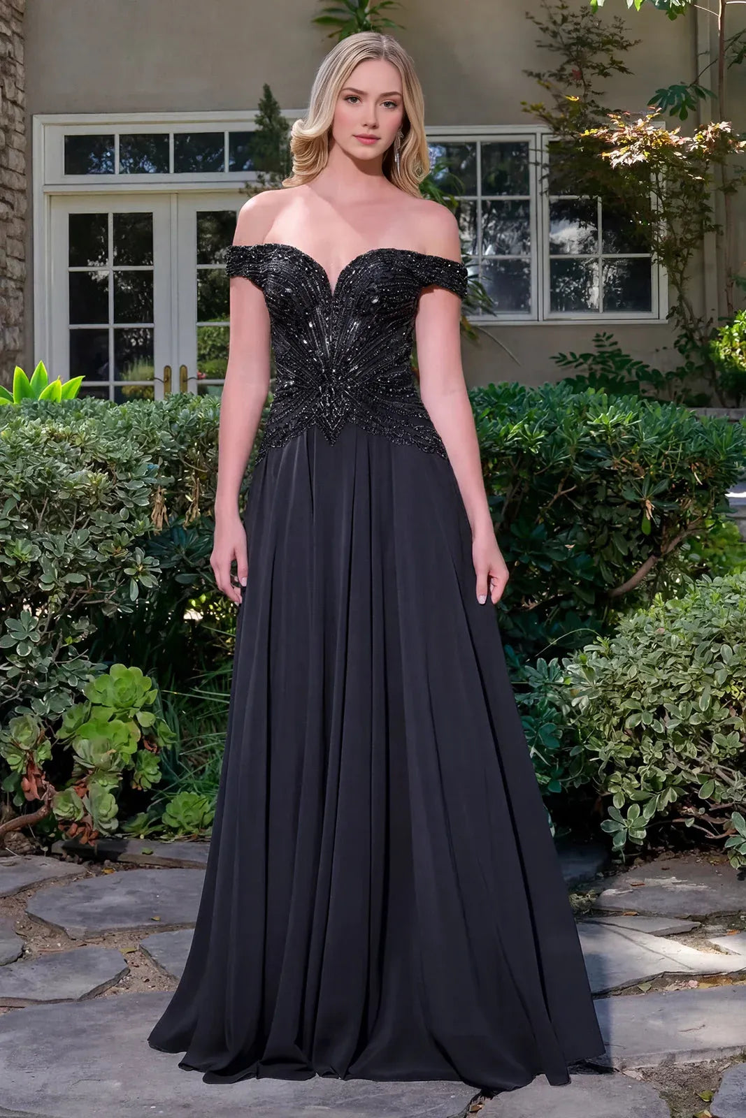 Elegant A-line Off-the-Shoulder Short Sleeve Chiffon Floor Length Beaded Evening Dress