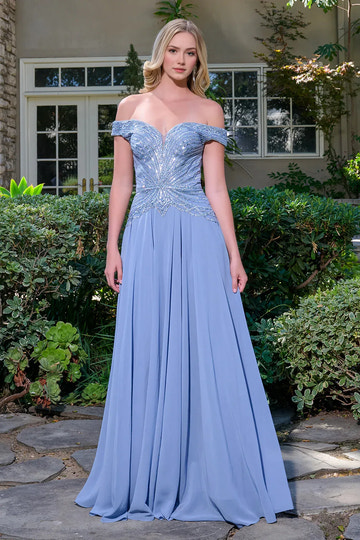 Elegant A-line Off-the-Shoulder Short Sleeve Chiffon Floor Length Beaded Evening Dress