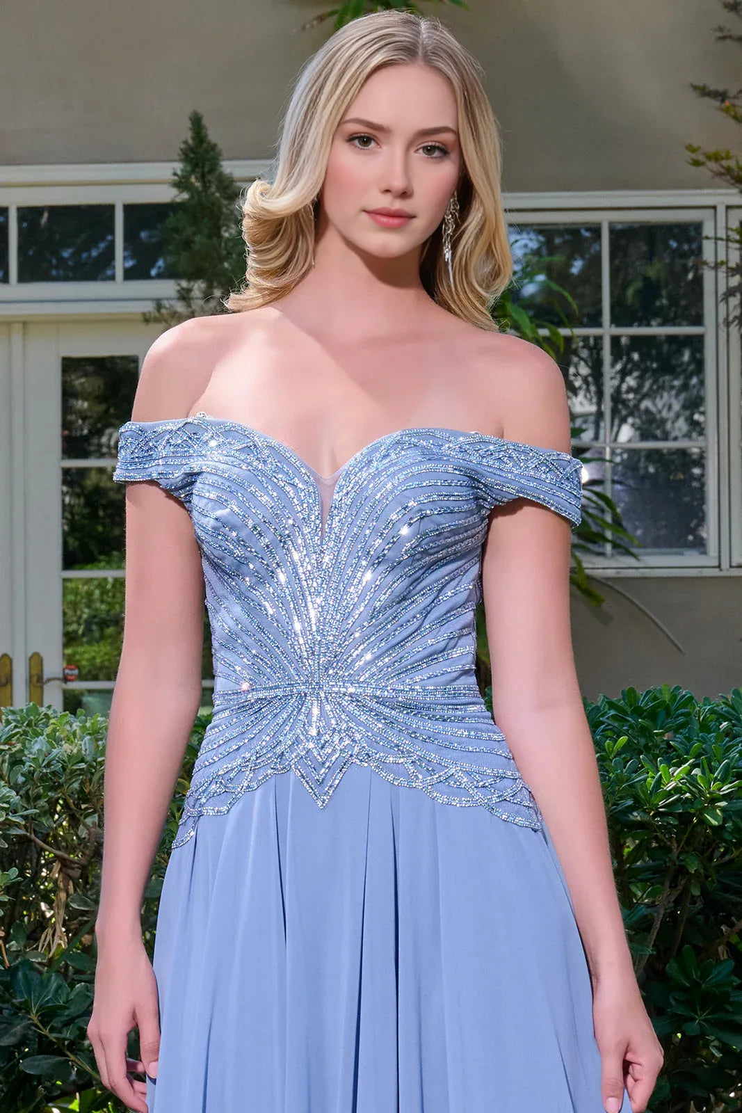 Elegant A-line Off-the-Shoulder Short Sleeve Chiffon Floor Length Beaded Evening Dress