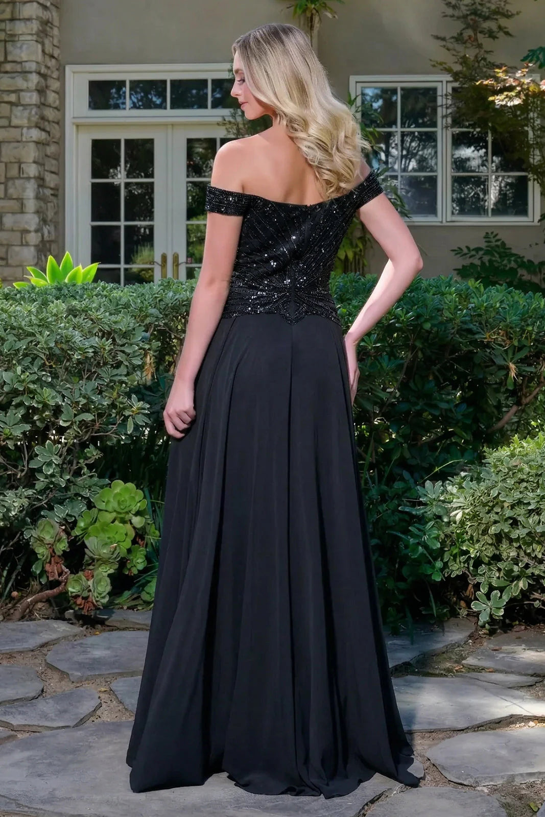 Elegant A-line Off-the-Shoulder Short Sleeve Chiffon Floor Length Beaded Evening Dress