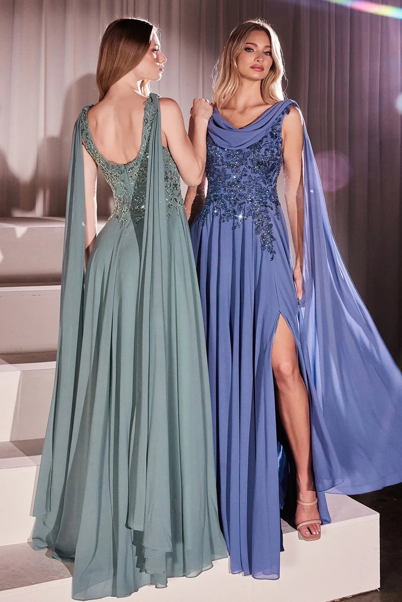 Elegant A-line Scoop-neck Sleeveless Chiffon Floor-length Beaded Lace Cape Evening Gown