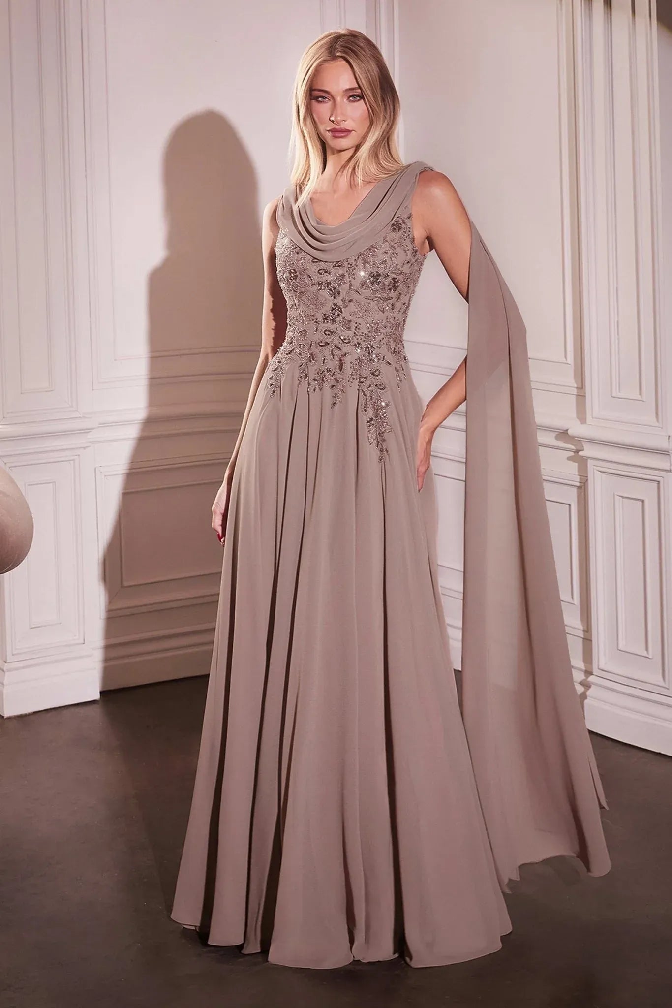 Elegant A-line Scoop-neck Sleeveless Chiffon Floor-length Beaded Lace Cape Evening Gown