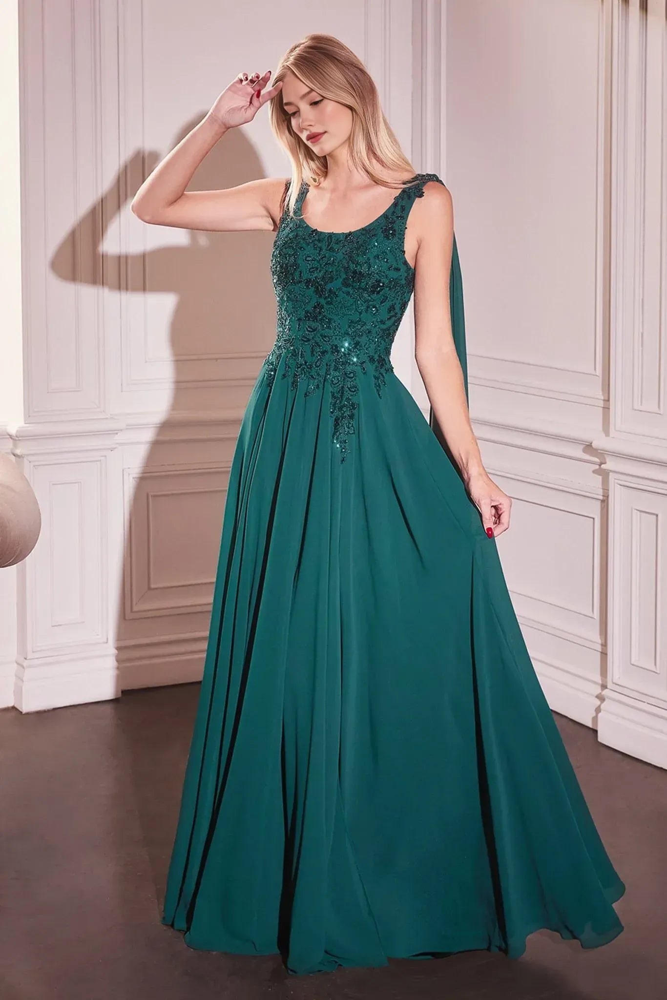 Elegant A-line Scoop-neck Sleeveless Chiffon Floor-length Beaded Lace Cape Evening Gown