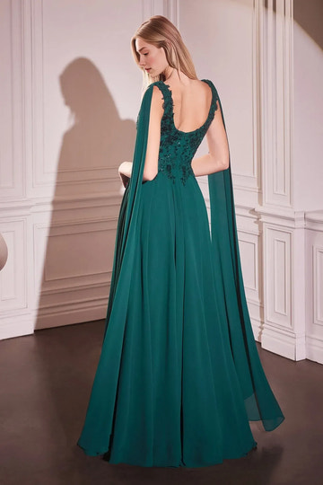 Elegant A-line Scoop-neck Sleeveless Chiffon Floor-length Beaded Lace Cape Evening Gown