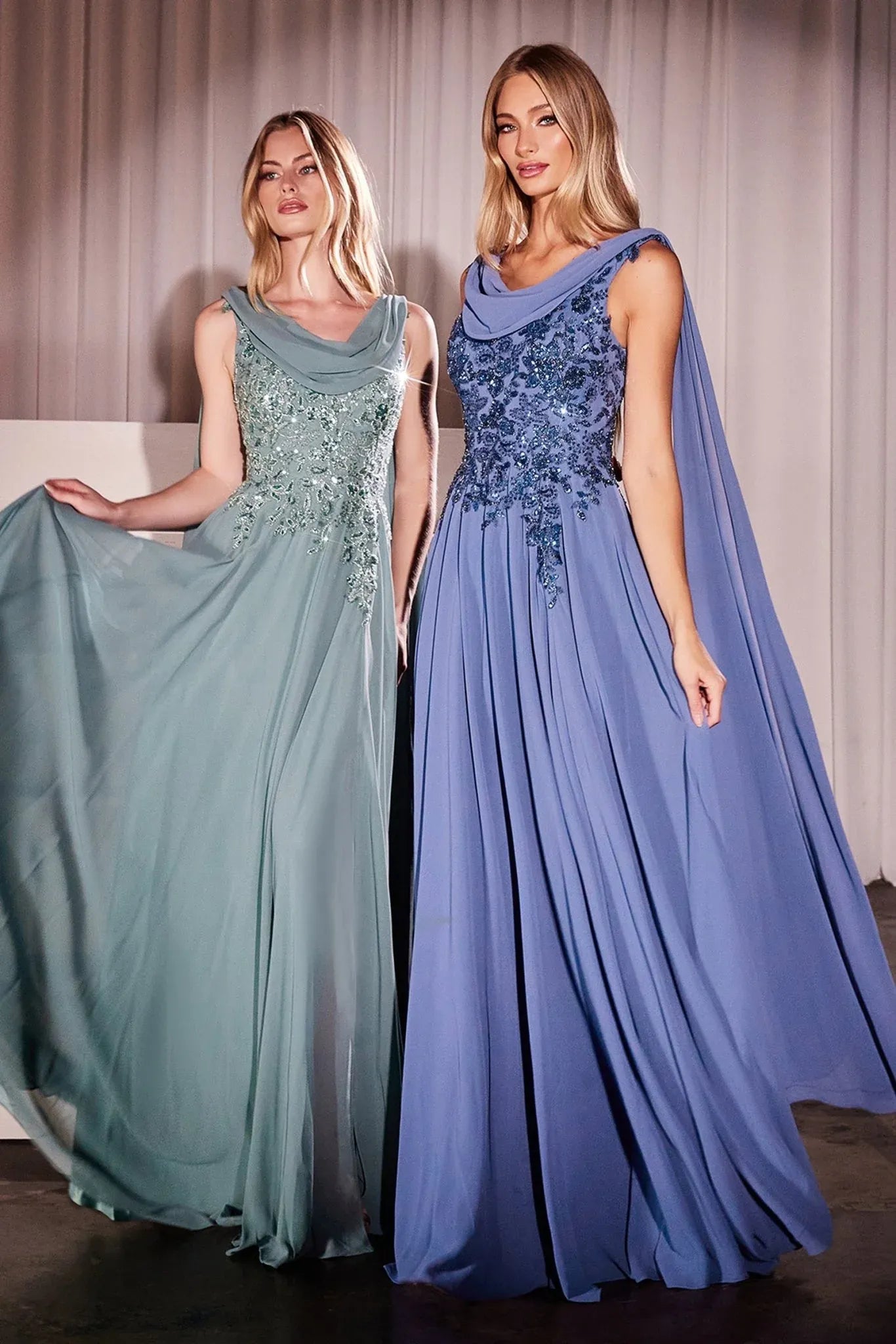 Elegant A-line Scoop-neck Sleeveless Chiffon Floor-length Beaded Lace Cape Evening Gown