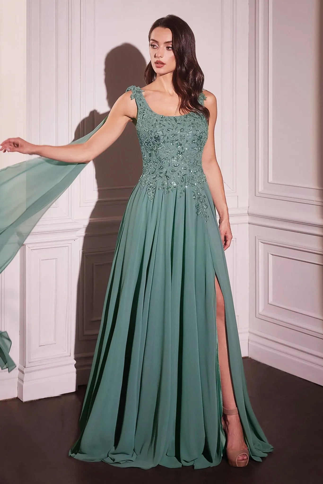 Elegant A-line Scoop-neck Sleeveless Chiffon Floor-length Beaded Lace Cape Evening Gown