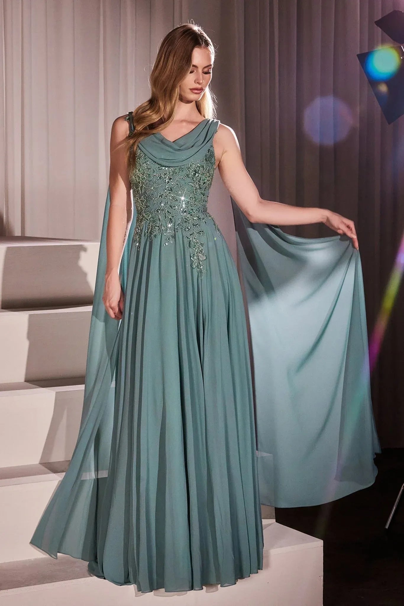 Elegant A-line Scoop-neck Sleeveless Chiffon Floor-length Beaded Lace Cape Evening Gown