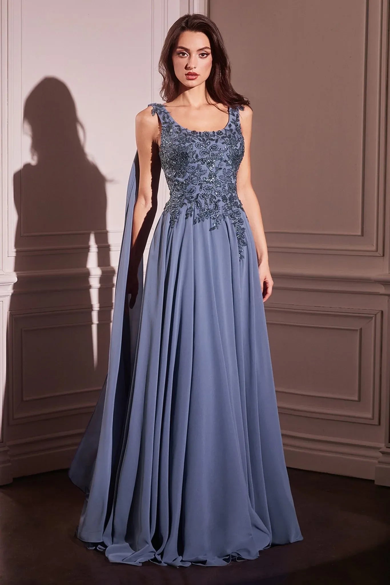 Elegant A-line Scoop-neck Sleeveless Chiffon Floor-length Beaded Lace Cape Evening Gown