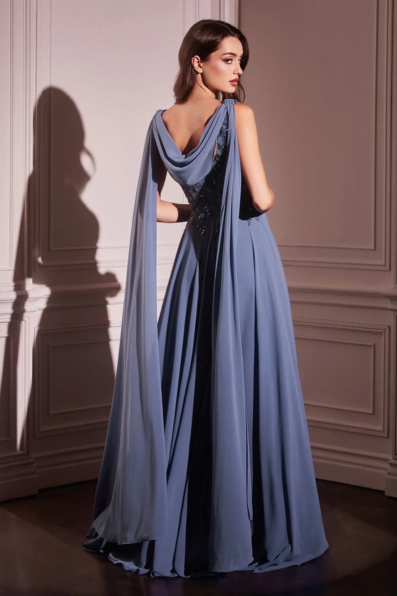 Elegant A-line Scoop-neck Sleeveless Chiffon Floor-length Beaded Lace Cape Evening Gown