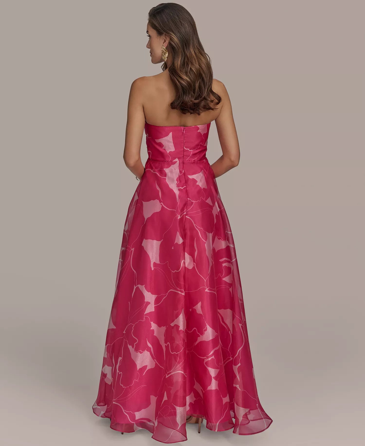 Elegant A-line Strapless Organza Print Maxi Formal Evening Dress