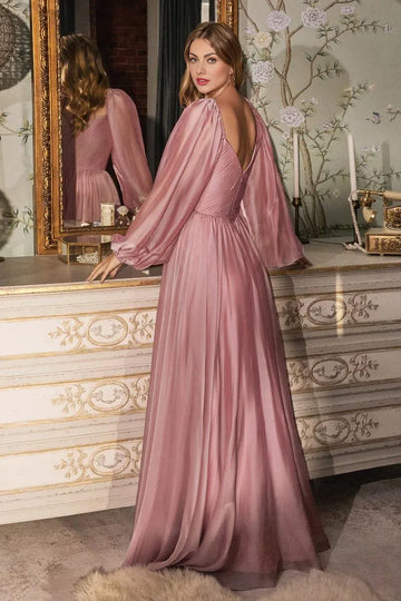 Elegant A-line Sweetheart-neck Long-sleeve Chiffon Floor-length Pleated Bodice Evening Gown