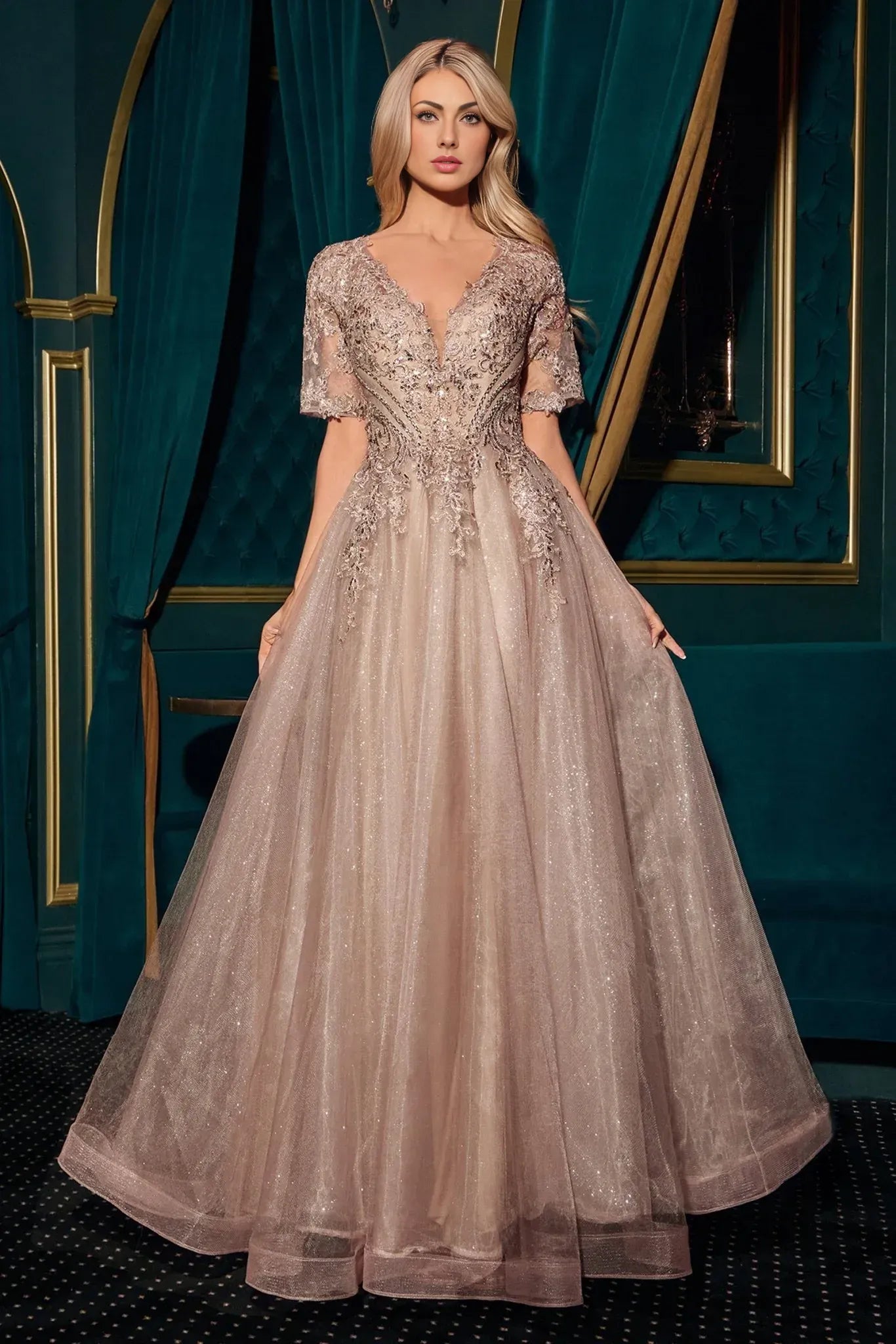 Elegant A-line V-neck Elbow-length Glitter Tulle Floor-length Lace Applique Evening Gown