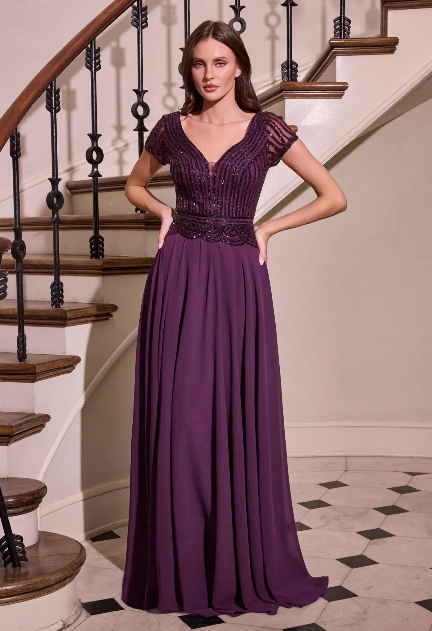 Elegant A-line V-neck Short-sleeve Chiffon Mother of the Bride Dress Beaded Bodice Evening Gown
