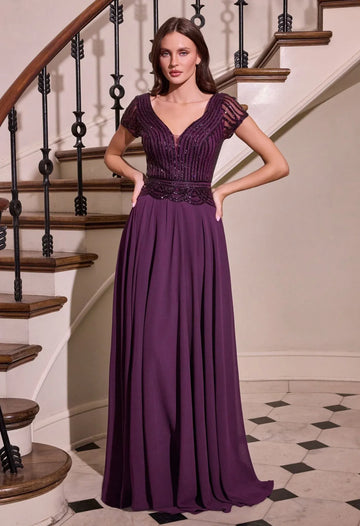 Elegant A-line V-neck Short-sleeve Chiffon Mother of the Bride Dress Beaded Bodice Evening Gown
