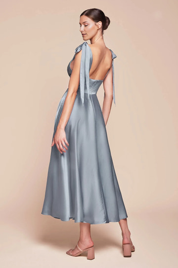 Elegant A-line V-neck Sleeveless Satin Midi Bow Strap Open Back Bridesmaid Dress