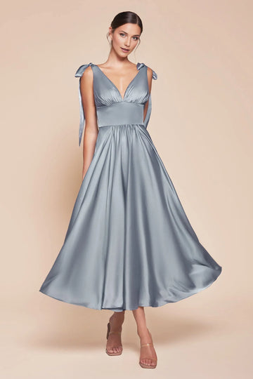 Elegant A-line V-neck Sleeveless Satin Midi Bow Strap Open Back Bridesmaid Dress