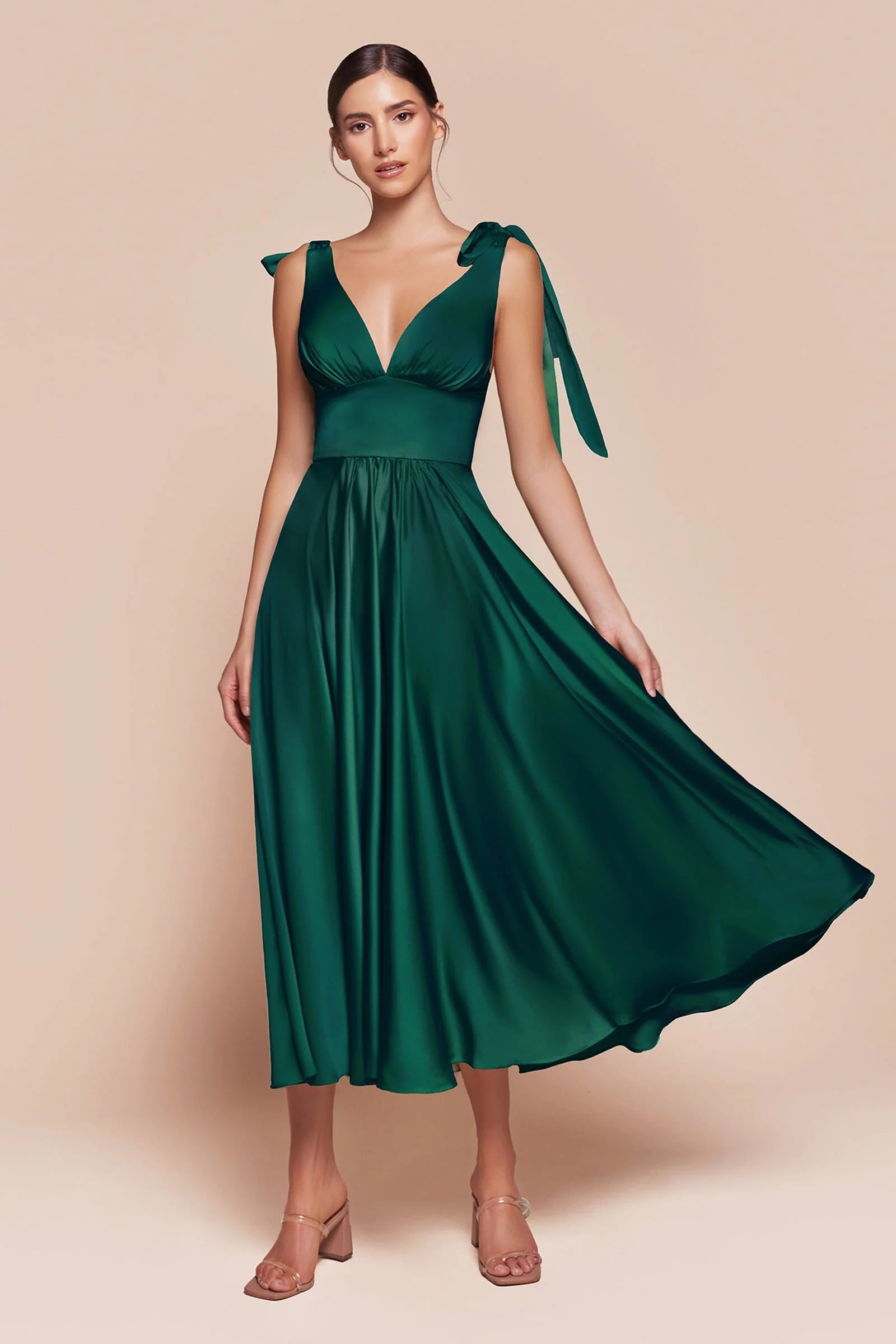 Elegant A-line V-neck Sleeveless Satin Midi Bow Strap Open Back Bridesmaid Dress