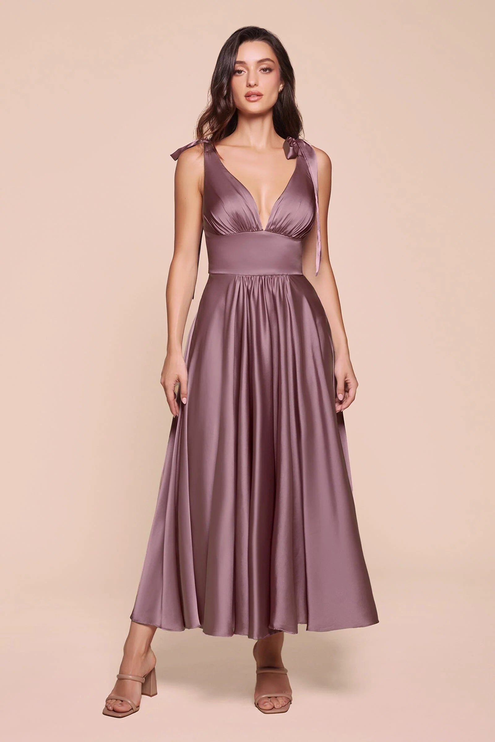 Elegant A-line V-neck Sleeveless Satin Midi Bow Strap Open Back Bridesmaid Dress