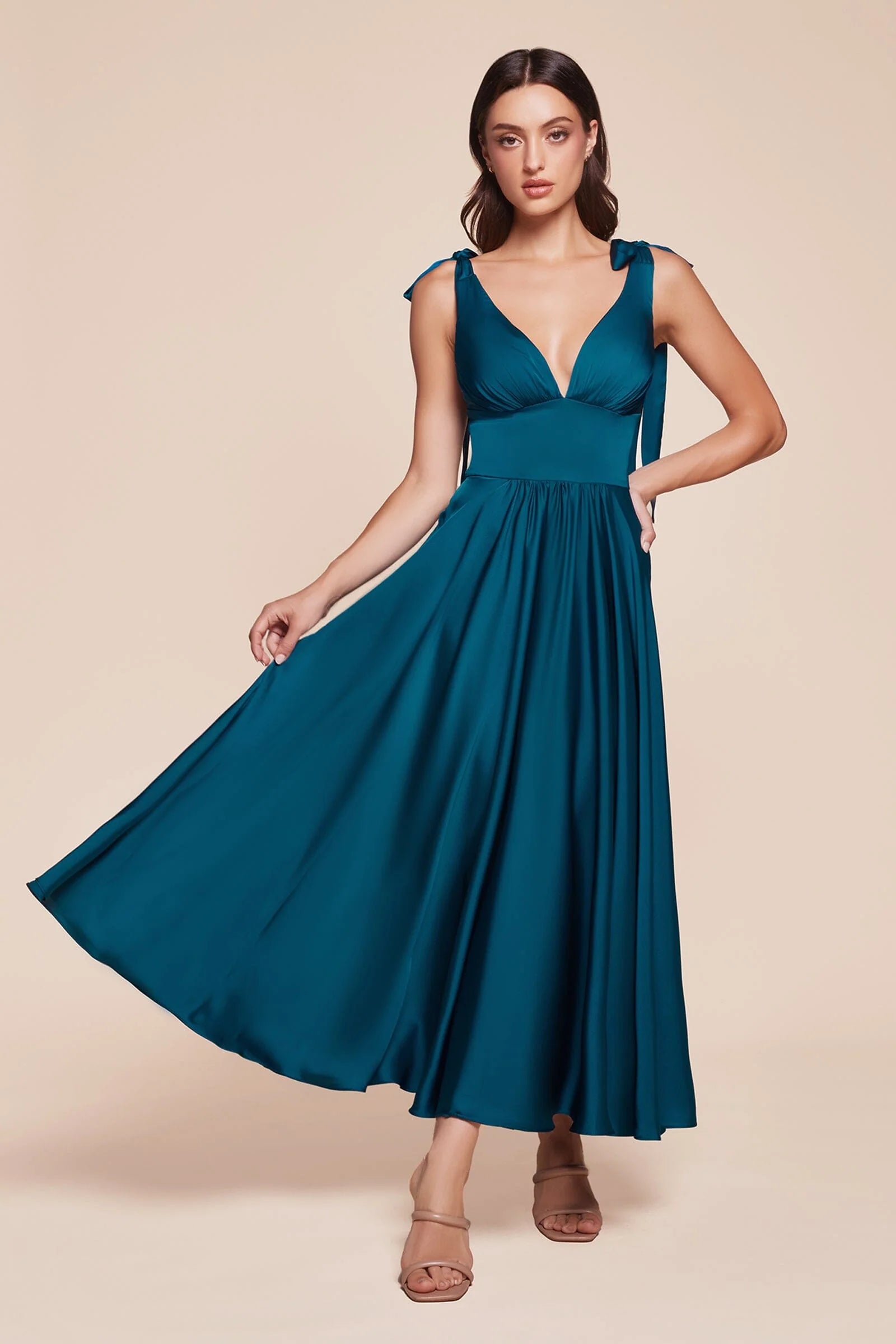 Elegant A-line V-neck Sleeveless Satin Midi Bow Strap Open Back Bridesmaid Dress