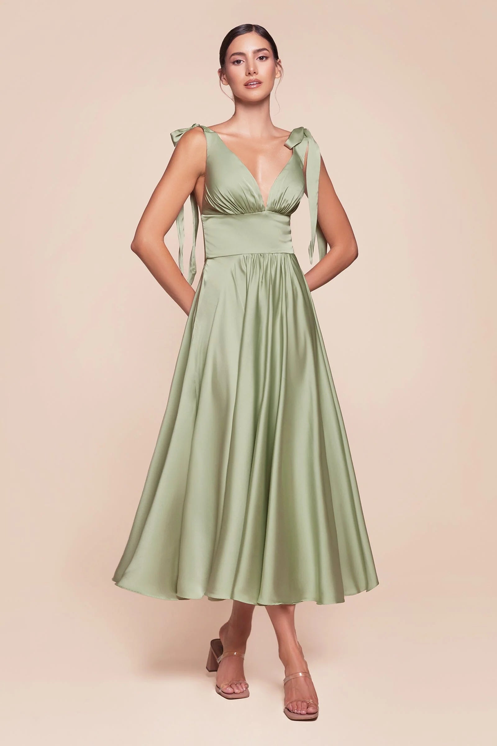 Elegant A-line V-neck Sleeveless Satin Midi Bow Strap Open Back Bridesmaid Dress