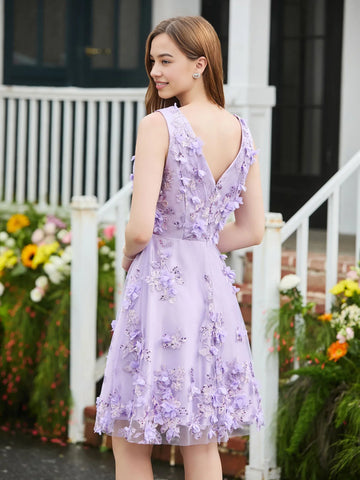 Elegant A-line V-neck Sleeveless Tulle Short 3D Floral Applique Homecoming Dress