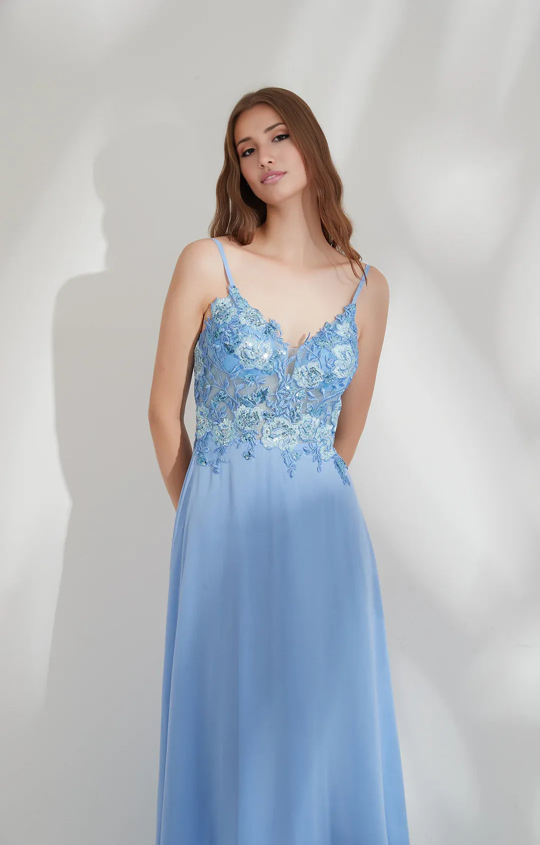 Elegant A-line V-neck Spaghetti Chiffon Floor-length Lace Floral Evening Gown