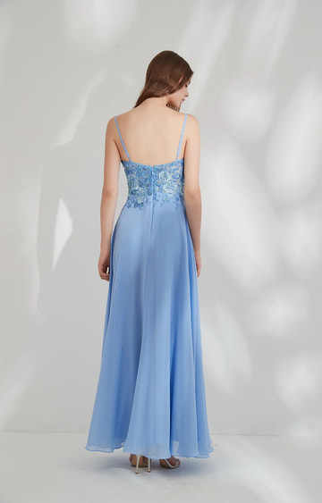 Elegant A-line V-neck Spaghetti Chiffon Floor-length Lace Floral Evening Gown