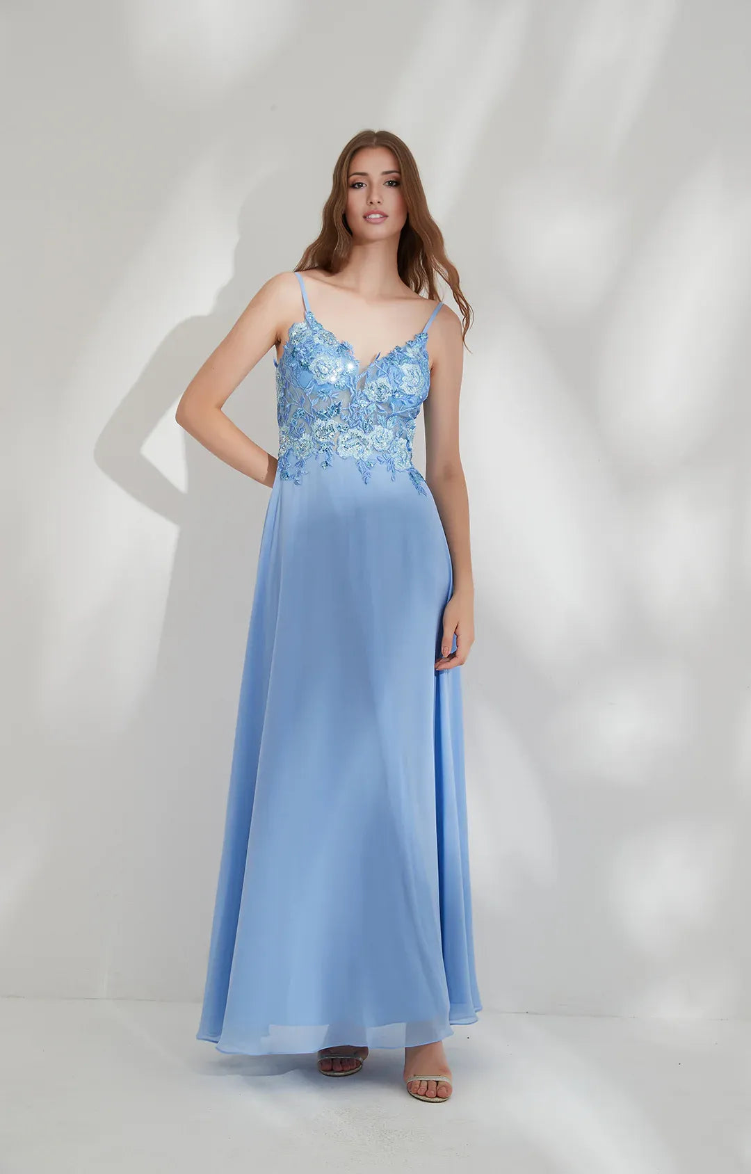 Elegant A-line V-neck Spaghetti Chiffon Floor-length Lace Floral Evening Gown