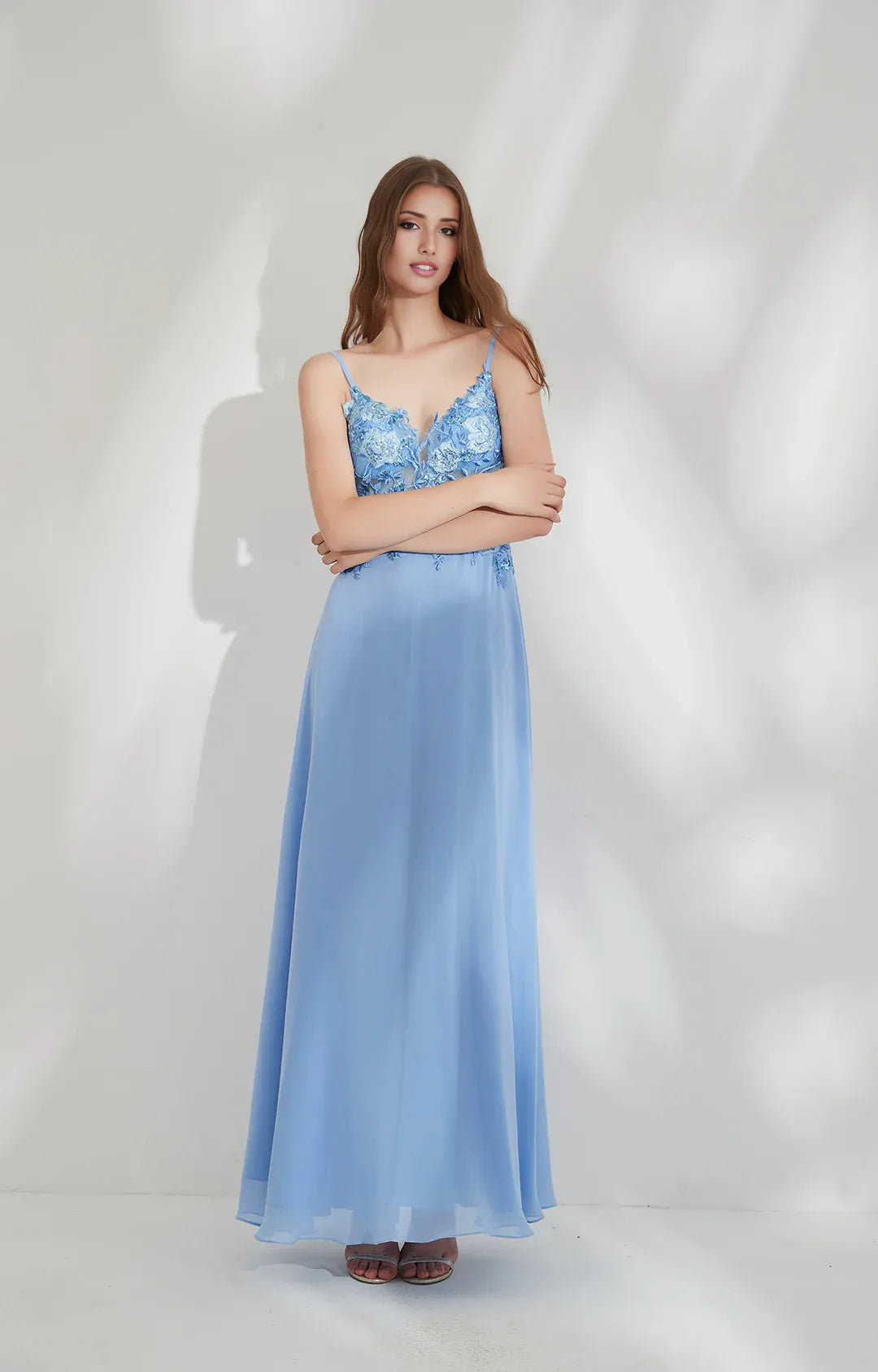 Elegant A-line V-neck Spaghetti Chiffon Floor-length Lace Floral Evening Gown