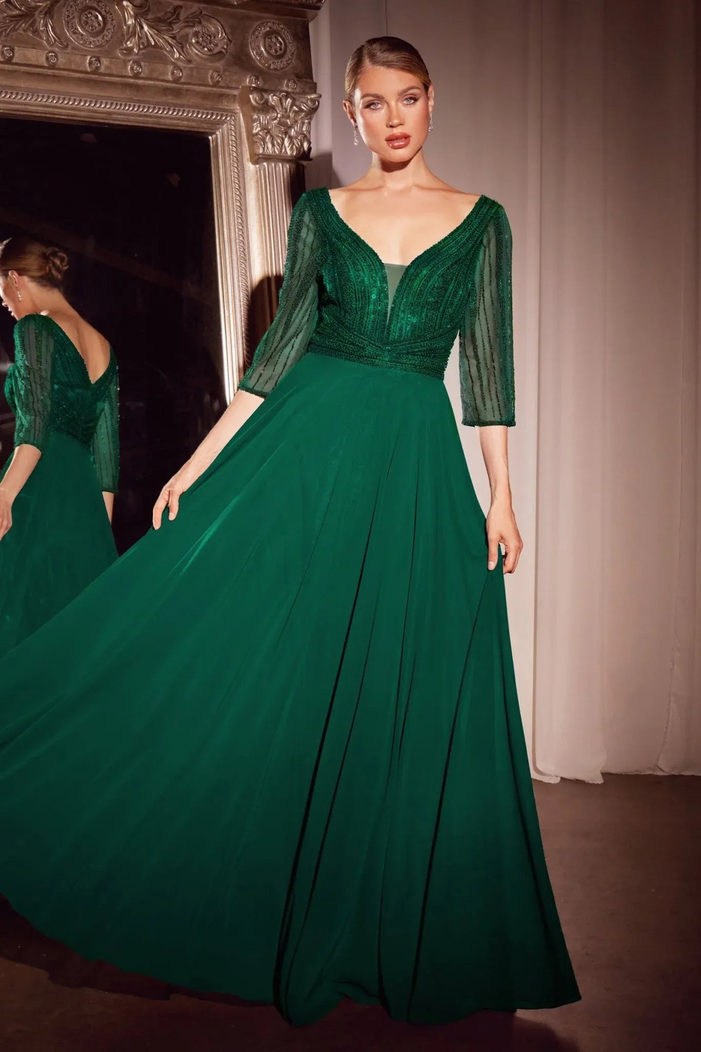 Elegant A-line V-neck Three-quarter-sleeve Chiffon Floor-length Beaded Bodice Evening Gown