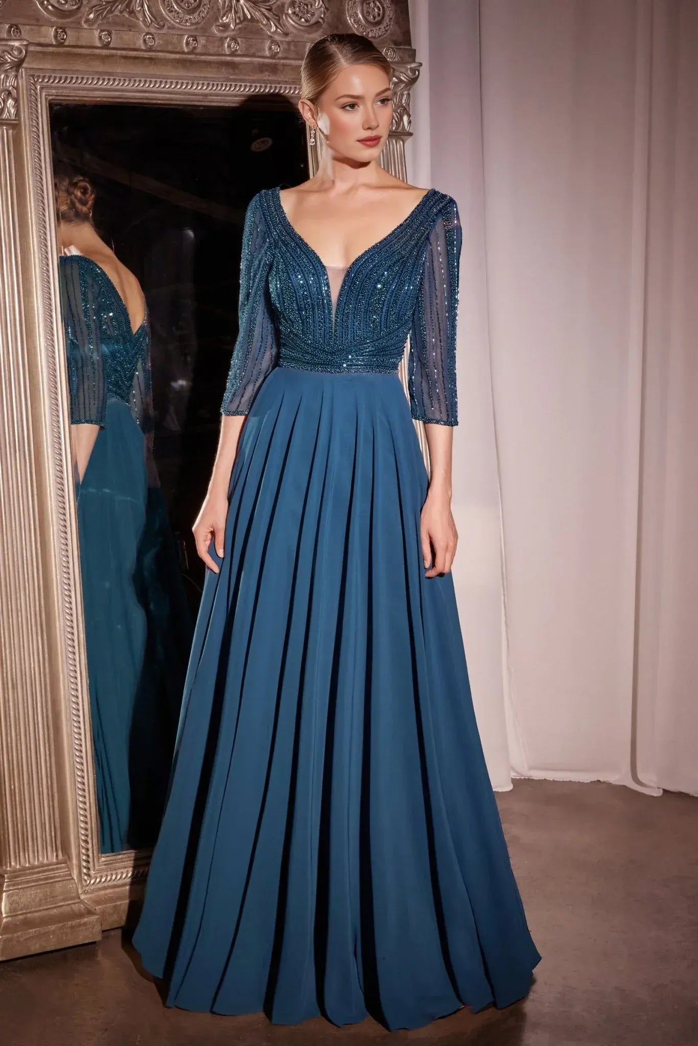 Elegant A-line V-neck Three-quarter-sleeve Chiffon Floor-length Beaded Bodice Evening Gown