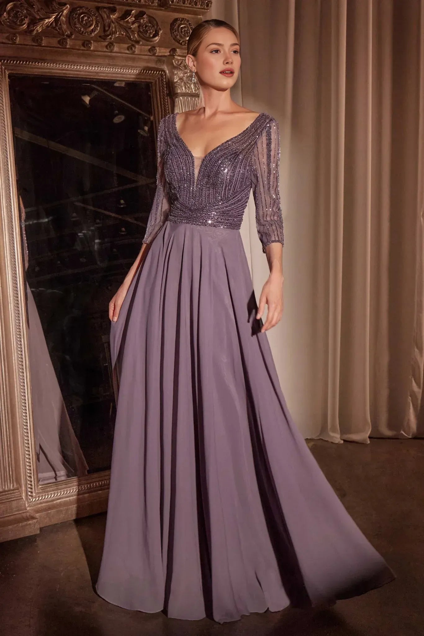 Elegant A-line V-neck Three-quarter-sleeve Chiffon Floor-length Beaded Bodice Evening Gown