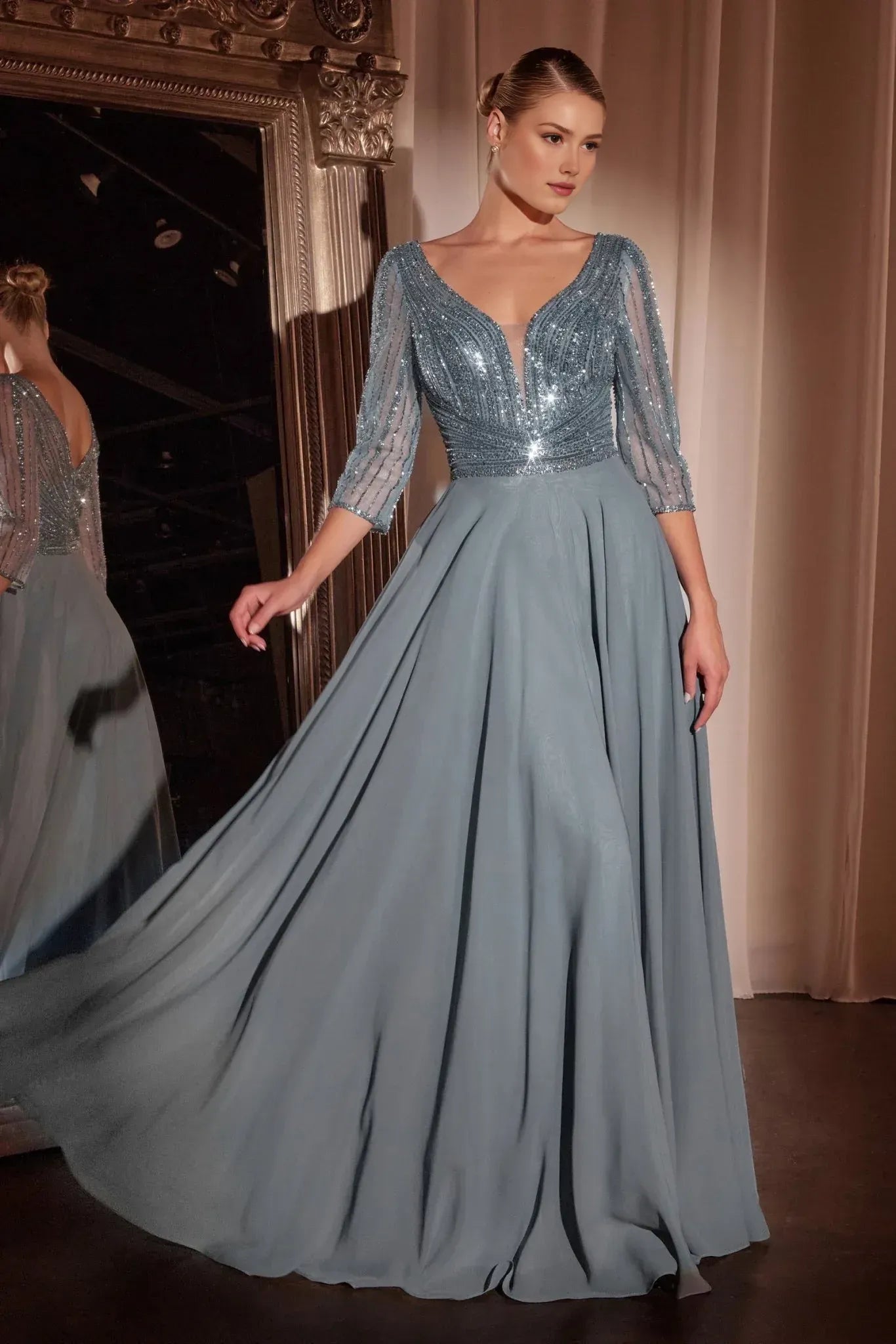 Elegant A-line V-neck Three-quarter-sleeve Chiffon Floor-length Beaded Bodice Evening Gown