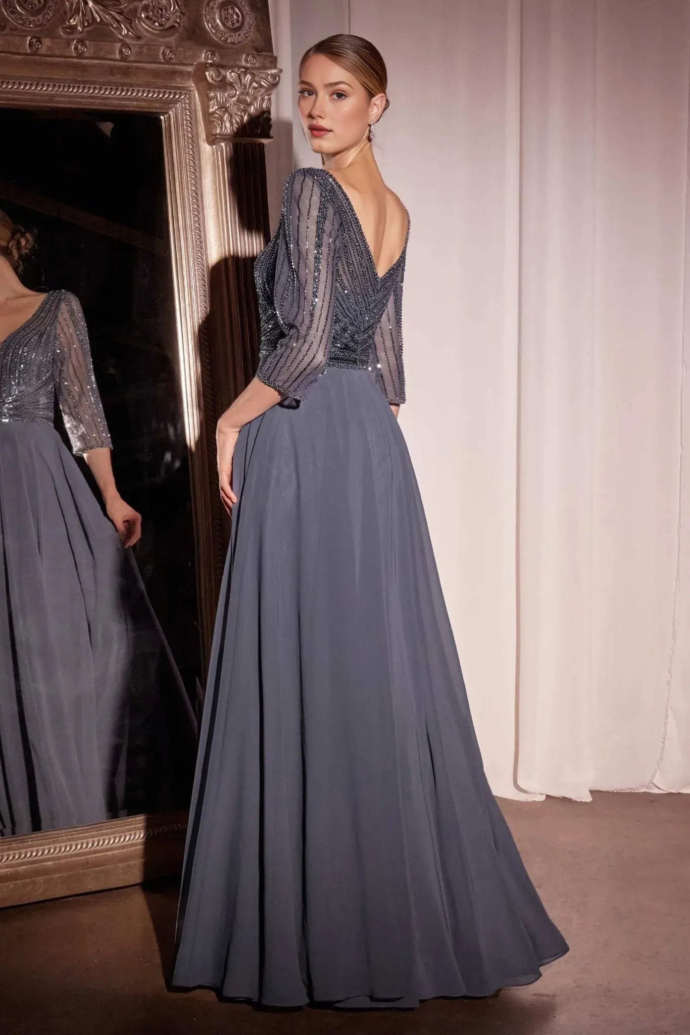 Elegant A-line V-neck Three-quarter-sleeve Chiffon Floor-length Beaded Bodice Evening Gown
