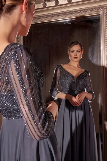 Elegant A-line V-neck Three-quarter-sleeve Chiffon Floor-length Beaded Bodice Evening Gown
