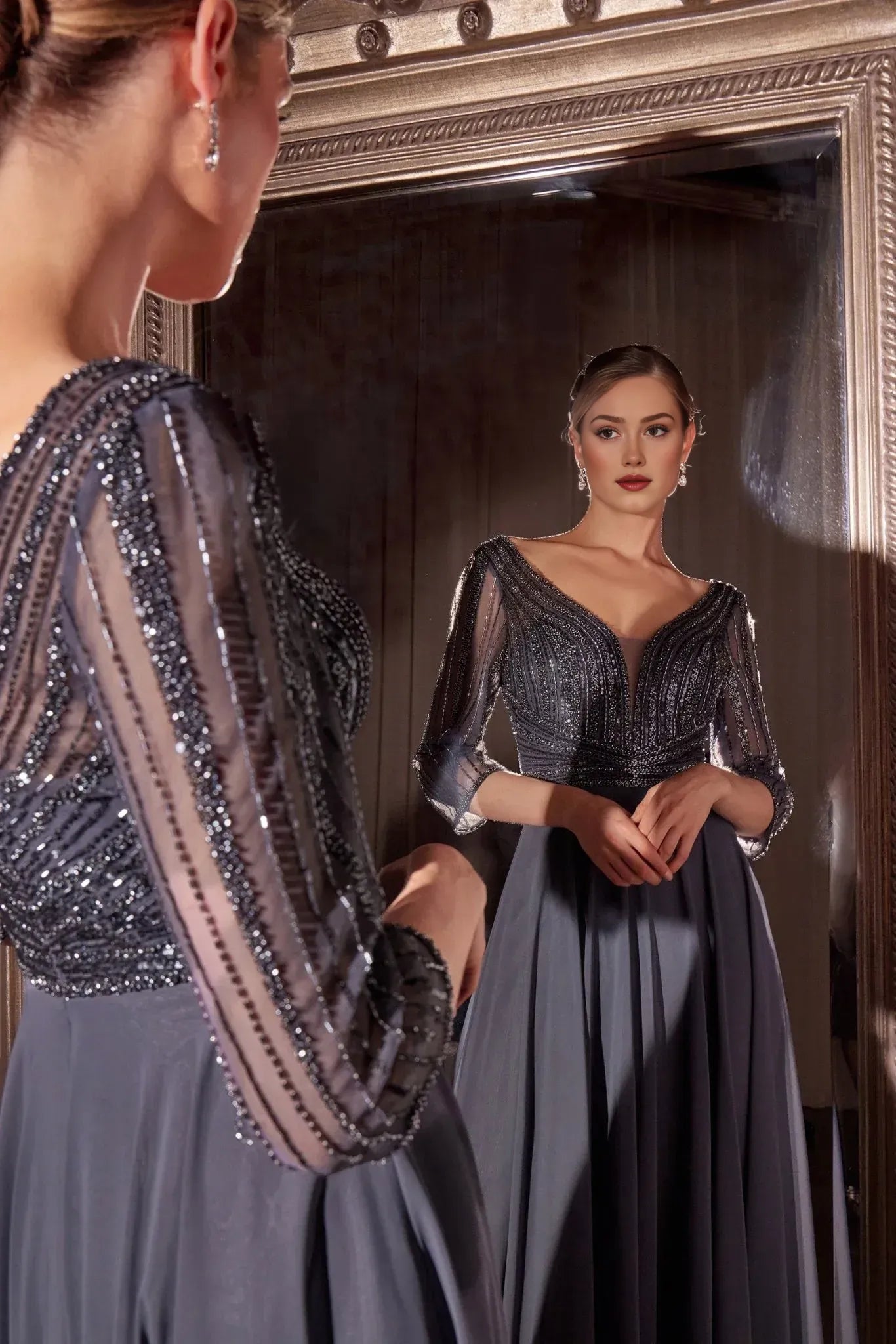 Elegant A-line V-neck Three-quarter-sleeve Chiffon Floor-length Beaded Bodice Evening Gown