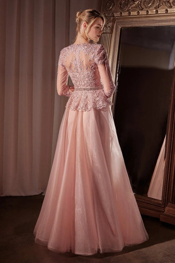 Elegant A-line V-neck Three-quarter-sleeve Glitter Tulle Mother of the Bride Dress Peplum Lace Evening Gown