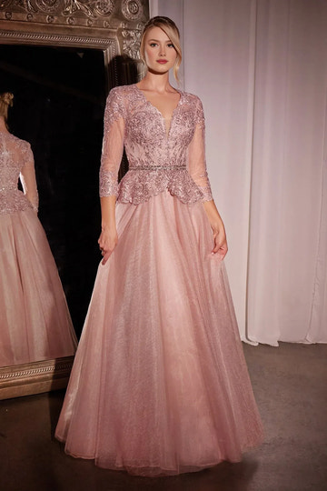 Elegant A-line V-neck Three-quarter-sleeve Glitter Tulle Mother of the Bride Dress Peplum Lace Evening Gown