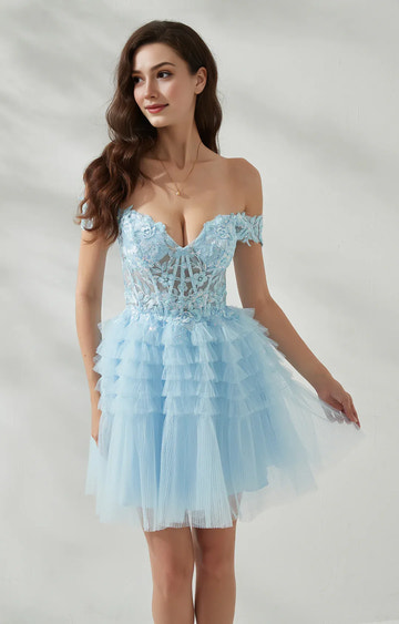 Elegant ALine OffShoulder Lace Tulle Short Corset Homecoming Dress