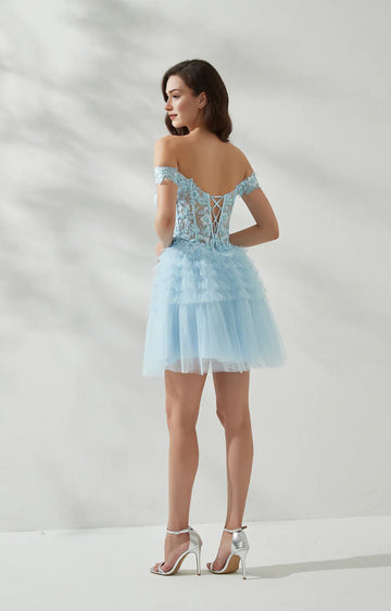 Elegant ALine OffShoulder Lace Tulle Short Corset Homecoming Dress