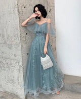 Elegant ALine OffShoulder Tulle Maxi Long Prom Dress Ruffle Evening Dress