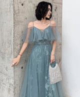 Elegant ALine OffShoulder Tulle Maxi Long Prom Dress Ruffle Evening Dress